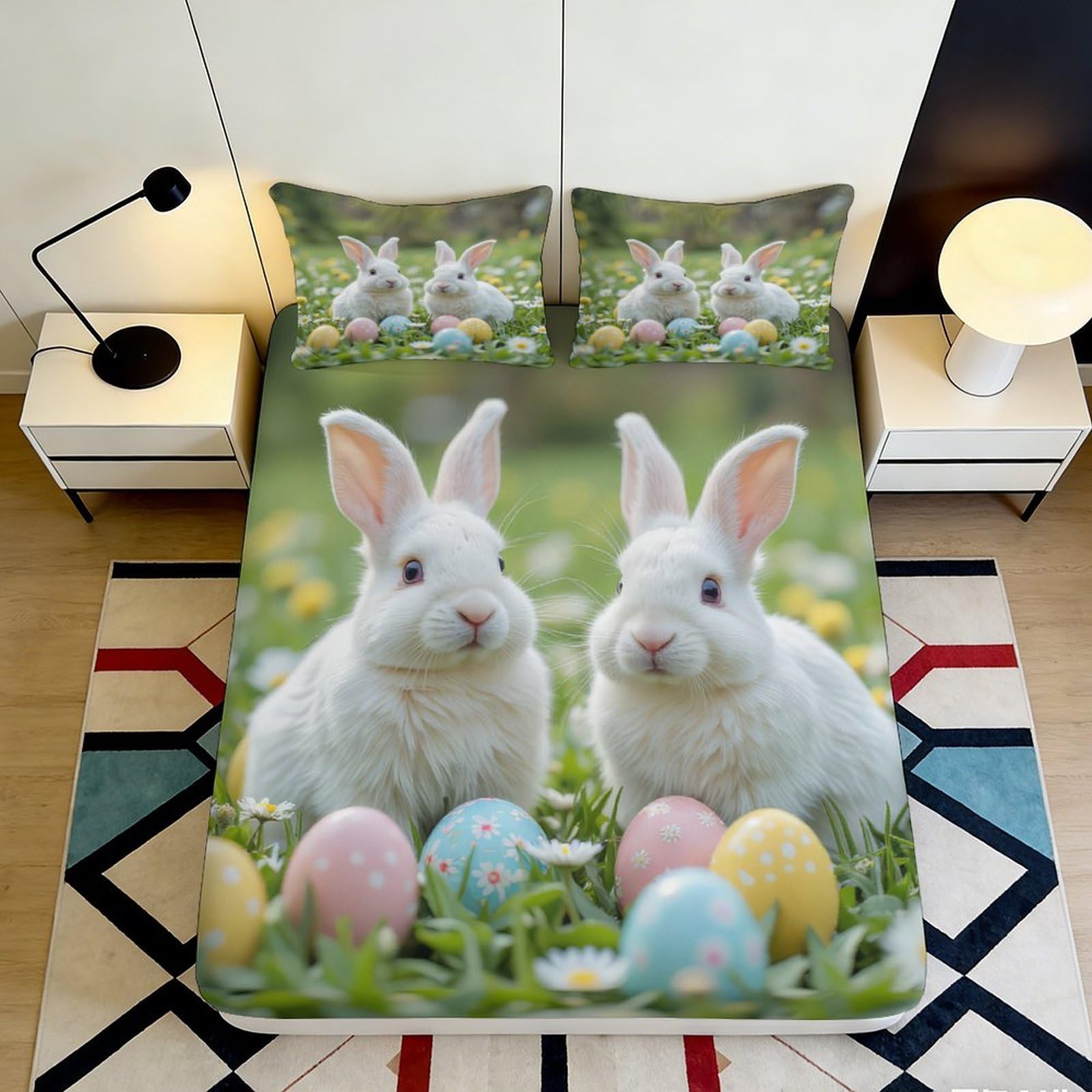 3D Printed Easter Bunny Fitted Sheet Microfiber Soft Pastel Egg Mattress Cover for Bedroom Dorm Decor Protection 90x200x25cm