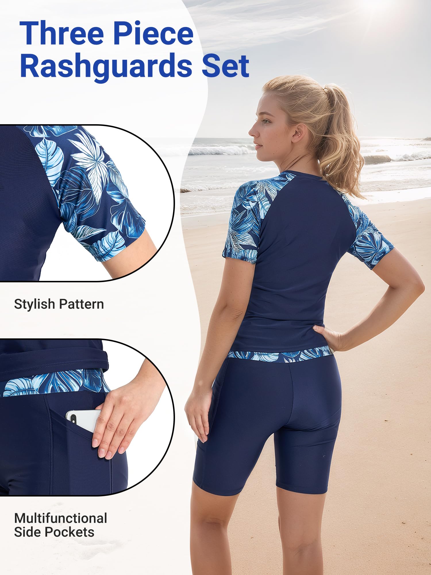 Owntop Camiseta de natación de 3 piezas para mujer, camiseta de natación UV UPF50+, camiseta de manga corta, parte superior de bikini y pantalones cortos de cintura alta, trajes de baño modestos