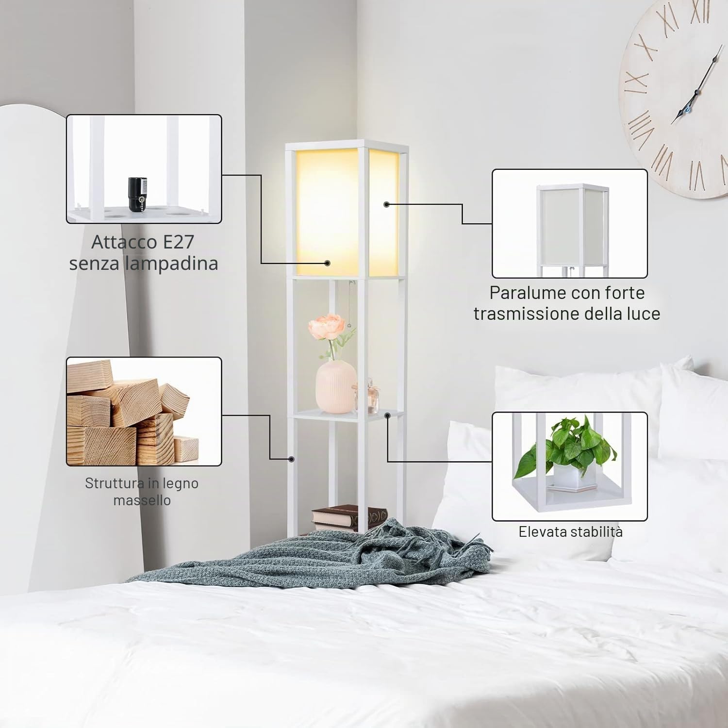 YU YUSING Lampada da Terra con Scaffale in Legno, Piantana con 3 Ripiani