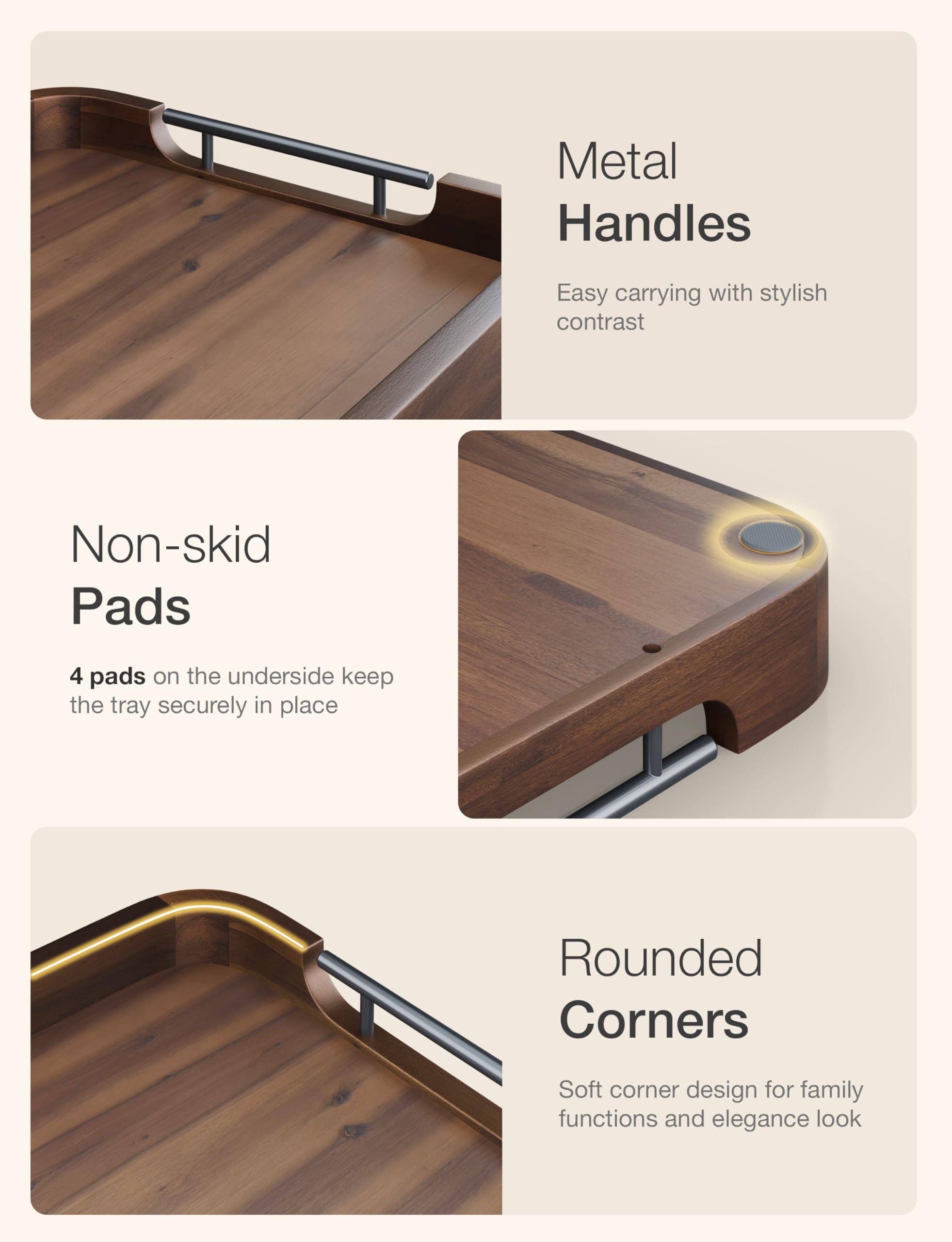 TIDITA Ottoman-Tablett für Wohnzimmer, rechteckiges Serviertablett mit Griffen, Tablett aus Akazienholz für Couchtisch, Wohnzimmer, Frühstück im Bett, dekorative Tabletts für Ottomane