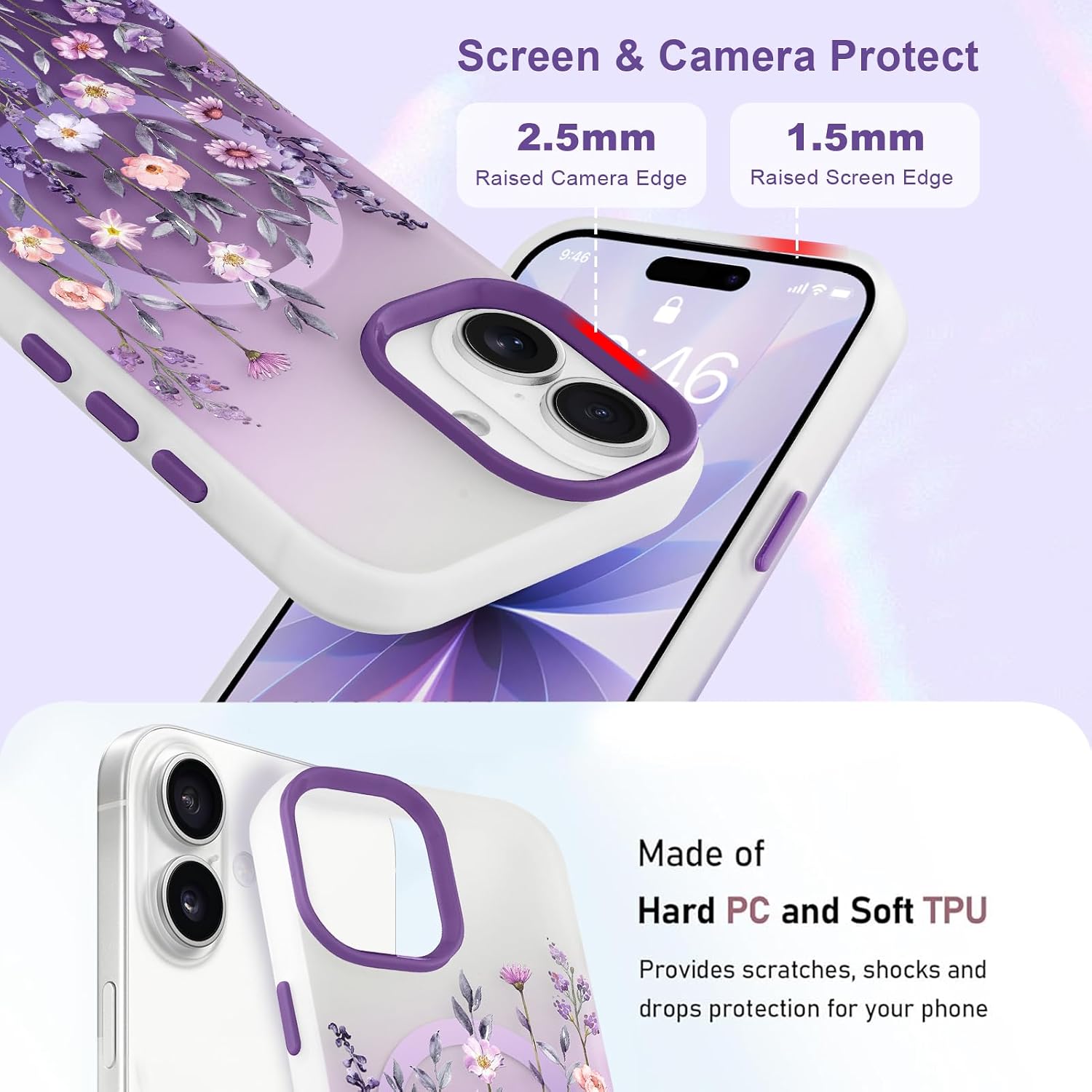 Magnetic for iPhone 17 Case [Compatible with MagSafe] Pretty Gradient Flower Floral Pattern Design, Slim Shockproof Jelly Cover for Women Girls, Purple