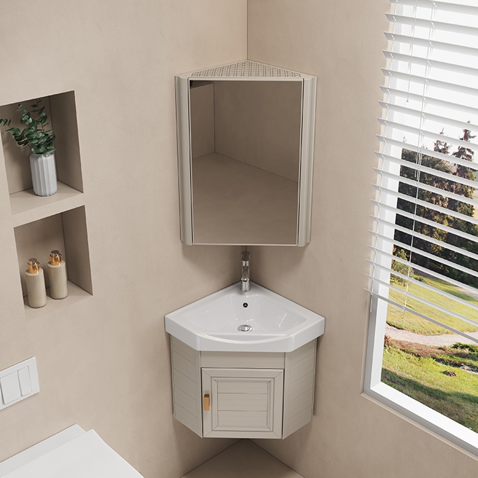 GLJTUO Wall-Mounted Corner Bathroom Sink with Vanity Cabinet – Space-Saving Floating Washbasin for Small Bathrooms, Guest WC, and RVs – ct Design for Efficient Use,Khaki-43cm/16.92in