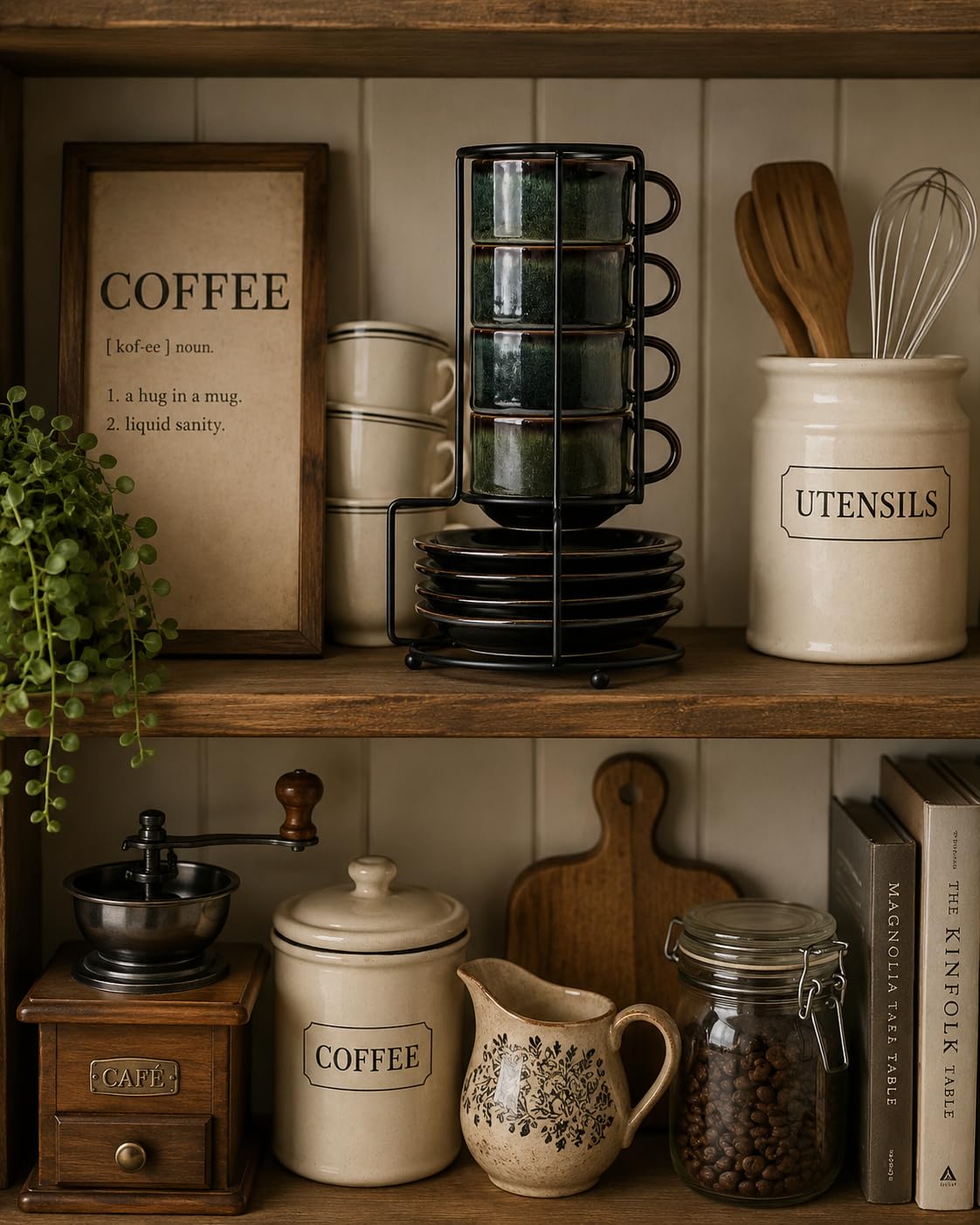 JIEMEI HOME stapelbare Espressotassen aus Porzellan mit Untertassen und Metallständer, 118 ml, Demitasse-Tassen für spezielle Kaffeegetränke, Latte, Tee, 4er-Set, stapelbare Espressotassen, Grün und