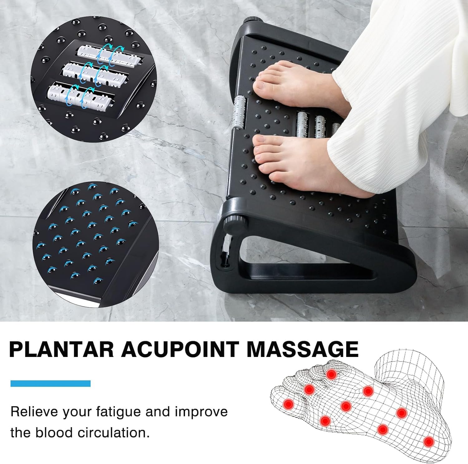 FWQPRA Foot Rest | Six Height Adjustable Foot Rest for Under Desk at Work | Ergonomic Foot Stool for Under Office Desk | Under Desk Footrest with Foot Massage Roller for Leg Rest (Black) 3
