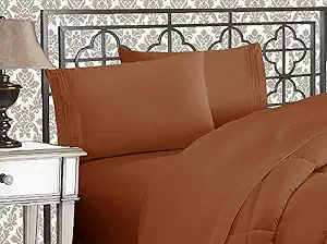 Elegant Comfort Luxurious 1500 Premium Hotel Quality Microfiber Three Line Embroidered Softest 5-Piece Bed Sheet Set, Wrinkle and Fade Resistant, Split King, Bronze