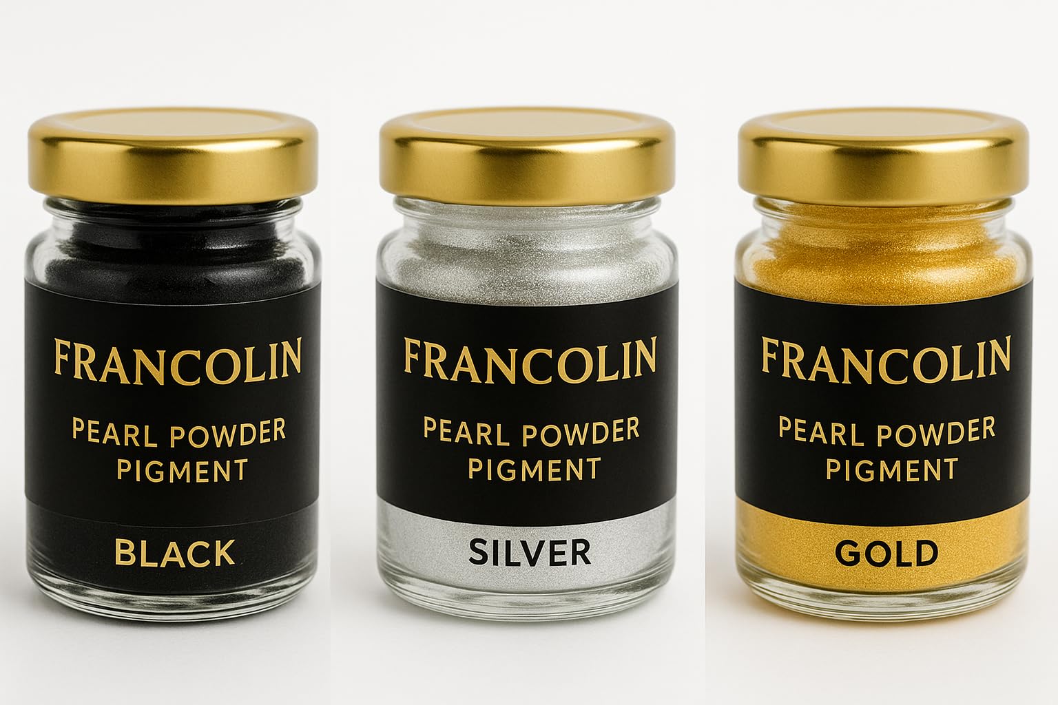 Francolin | Black, Silver & Gold | Mica/Pearl Powder Pigment | Non Toxic | Vibrant Metallic Glowing | for Soap, Epoxy Resin, Painting, Nail Art & Craft, Cosmetic, Slime | 20g*3-image-14