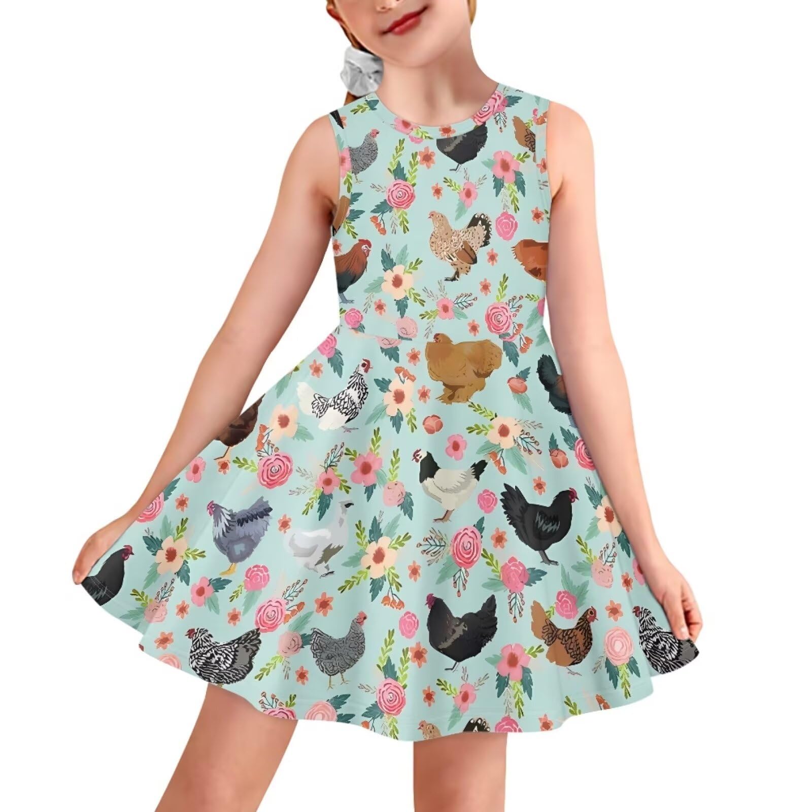 JEOCODY Sundress for Girl Sleeveless Tank Dress Casual Crewneck Twirl Swing Dress for Kids