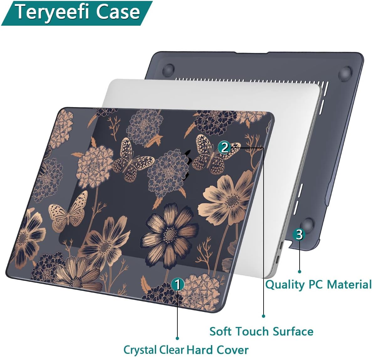 Teryeefi for MacBook Air 13 inch Case 2021 2020 2019 2018 Release (Model A2337 A2179 A1932 Retina Display with Touch ID), Plastic Hard Shell Case & Keyboard Cover for MacBook Air 13 M1, Gold Flowers - Image 6