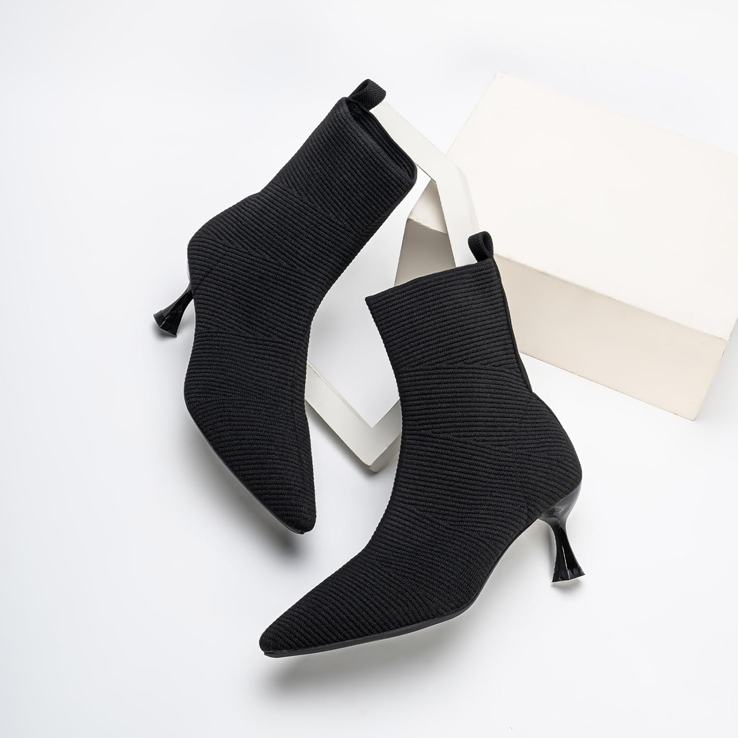 Women's Ankle Boots Comfortable Pointed Toe Breathable Sock Knit Low Heel Fall Work Office Booties - Image 9