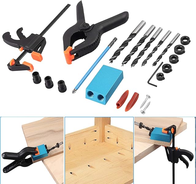 Pocket Hole Screw Jig Kit,eSynic Popular 57pcs Silverline 15 Degree Pocket Hole Screw Jig Kit Woodworking Guide Drill Angle Locator Pocket Hole Screw Jig Dowel Drill Joinery Kit for Woodwork ect