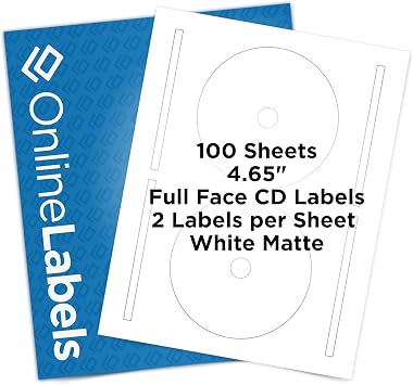 4.65 Inch Full-Face CD/DVD Labels & Spine Label - Pack of 200 Sets of CD/DVD Stickers, 100 Sheets - Inkjet/Laser Printer - Online Labels