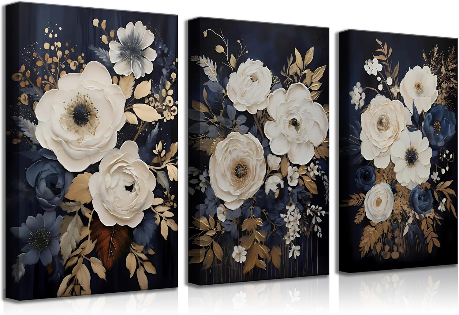 Lianyibo Frameless 3Pcs Navy Blue Abstract Floral Canvas Wall Art Moody Dark Flowers Plants Poster Print Artwork For Living Room Decor(40X60x3/Frameless)