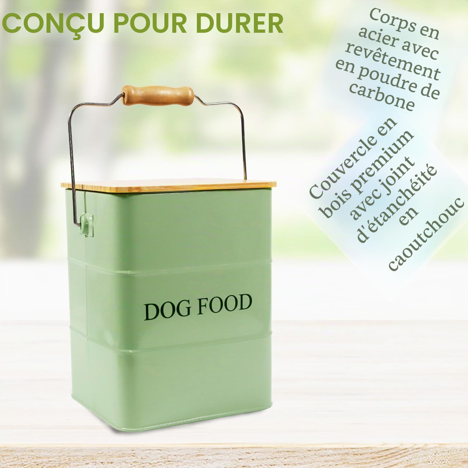 Boîte de rangement en métal pour chien - 6 l - Avec couvercle en bois, poignée et pelle - Boîte de conservation hermétique pour nourriture sèche et collations - Boîte à friandises - Vert armée