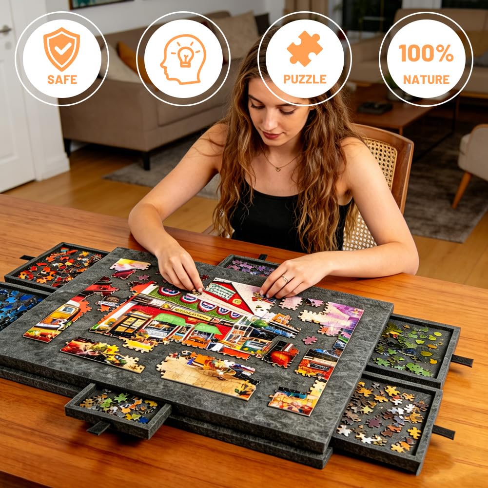 Tableau pliant pour puzzle de 1000 pièces avec 6 tiroirs - Plateau portable pour puzzle avec support 2-en-1 et couvercle, super léger en feutre pour puzzle pour adultes, utilisable pour 500, 1500