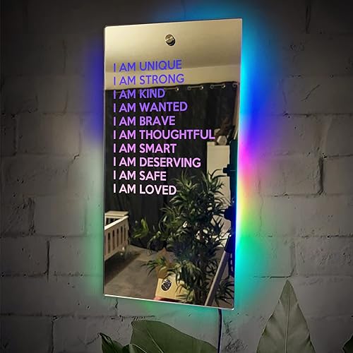 FERATORS Espejo de afirmaciones personalizado, luz LED de neón, espejo con nombre personalizado, espejo iluminado para dormitorio, decoración de