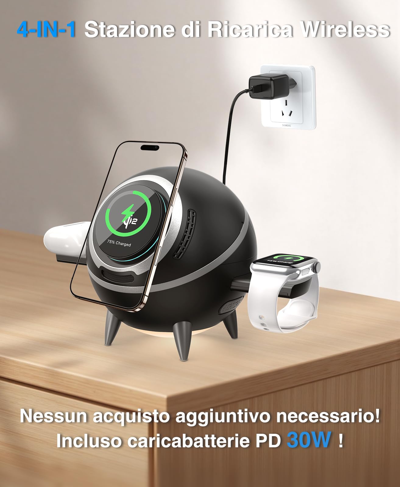 Beeasy Caricatore Wireless Station 4 in 1 con Luce Notturna per MagSafe, Certificata Qi2 Ricarica Rapida Magnetica da 15W, Stazione Ricarica Wireless per iPhone/Samsung, Incluso 30W USB-C Adattatore