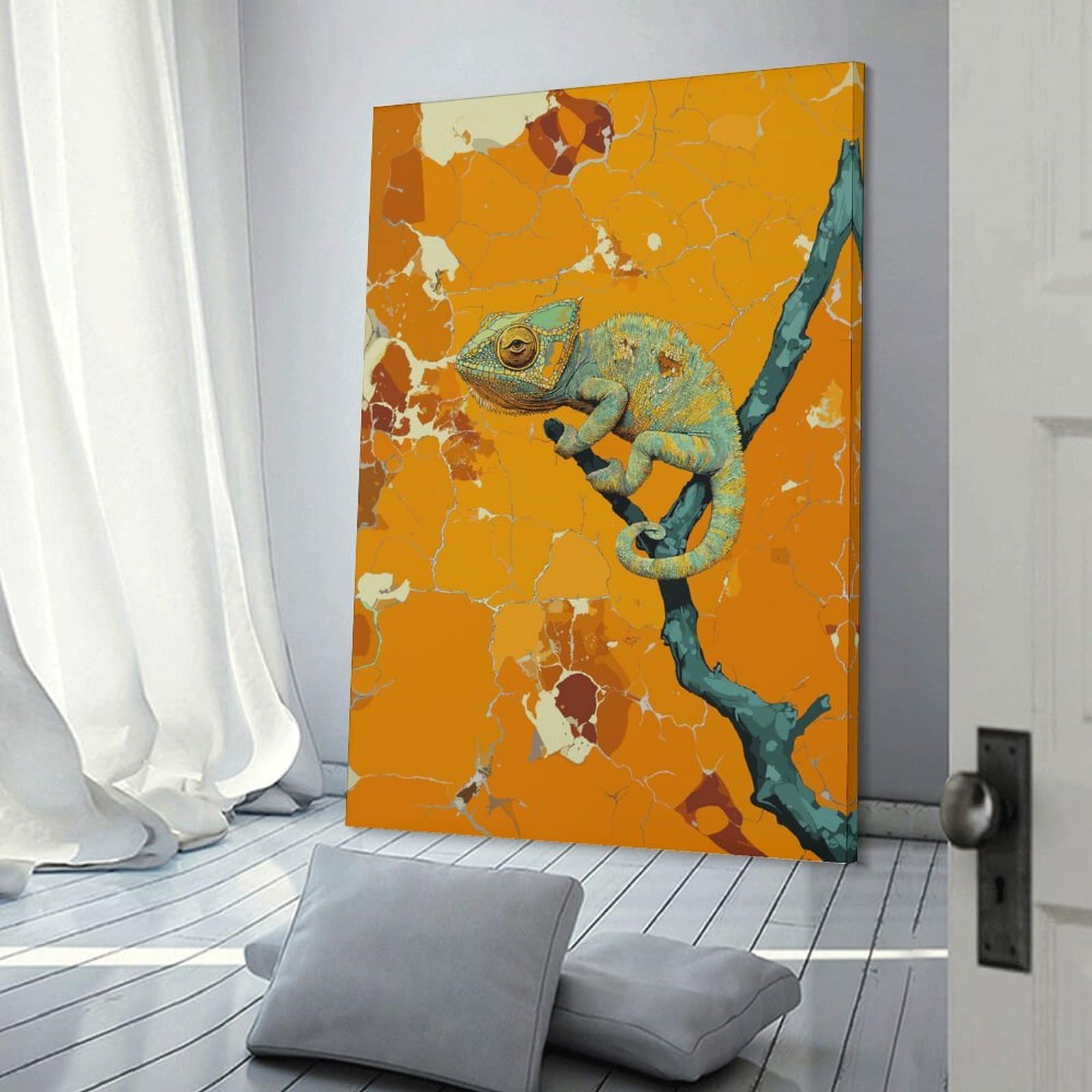 Junmoney Frame-Style-22 Decorative Wall Artwork Chameleon On Branch, 08X12inch(20X30cm), For Contemporary Homes, Apartments Or Offices, An Easy Choice For New Home Styling