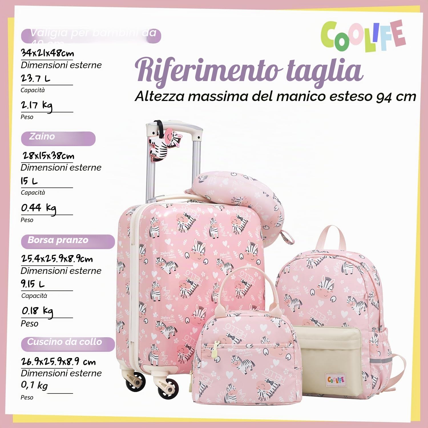 COOLIFE Set di bagagli per bambini, 5 pezzi, 16 pollici, bagaglio a mano, guscio rigido, spinner, bagagli per bambini, bagaglio da viaggio, per ragazze e ragazzi, zebra, Koffer-Set 5-tlg, Set di