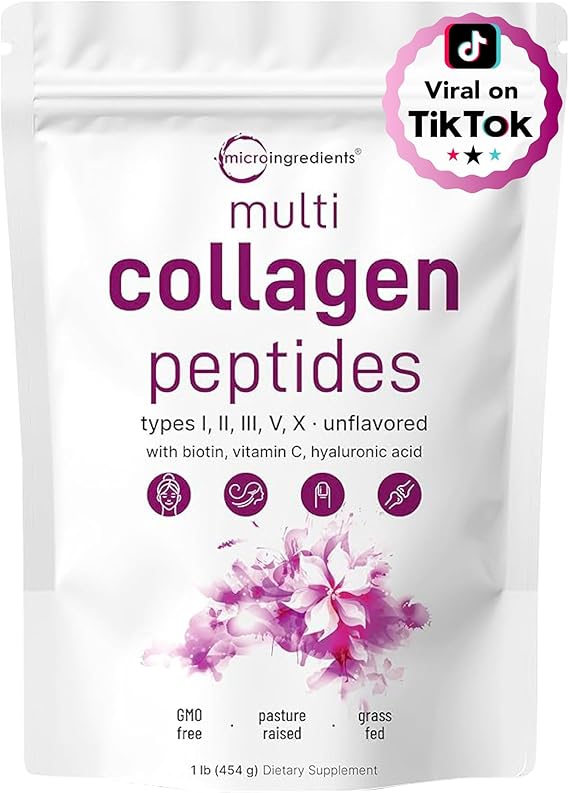 Micro Ingredients Multi Collagen Peptides Powder, 1lb Hydrolyzed Type I,II,III,V,X with Biotin, Hyaluronic Acid, Vitamin C Unflavored Collagen for Women & Men, Easy Dissolve, 41 Servings