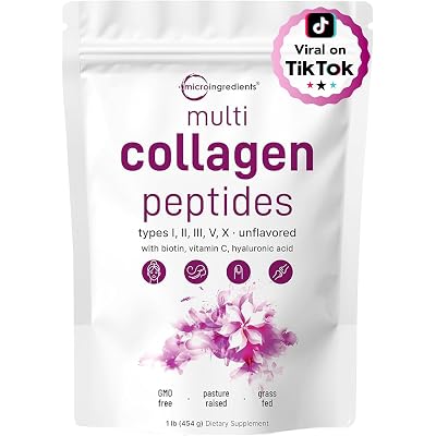 Micro Ingredients Multi Collagen Peptides Powder, 1lb (41 Servings) – Hydrolyzed Type I,II,III,V,X with Biotin, Hyaluronic Acid, Vitamin C – Unflavored Collagen for Women & Men, Easy Dissolve