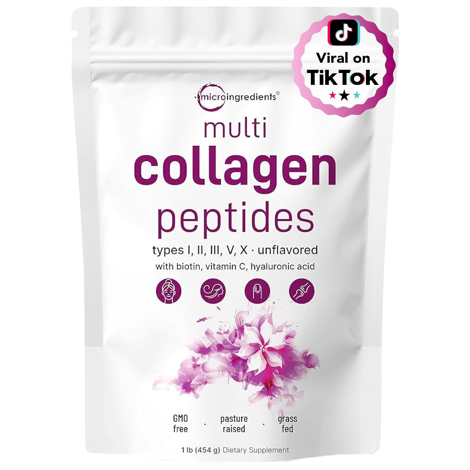 Micro Ingredients Multi Collagen Peptides Powder, 1lb – Hydrolyzed Type I,II,III,V,X with Biotin, Hyaluronic Acid, Vitamin C – Unflavored Collagen for Women & Men, Easy...