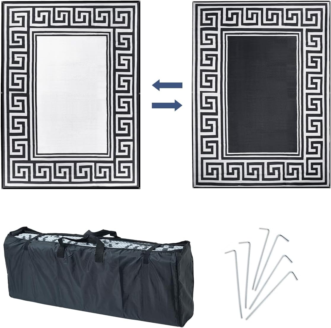 MATS LEISURE Outdoor Rugs Waterproof, 9x12ft Plastic Straw Rug for RV, Patio, Garden, Balcony, Backyard, Deck, Picnic, Beach, Camping (New Grecian Complete Kit, Silver)