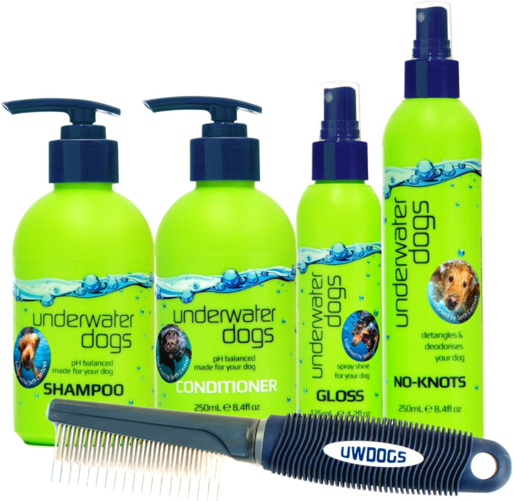 Haircare Deluxe Pamper Pack - Gift Pack of Shampoo, Conditioner, Detangler & Deodorizer Plus Professional Grooming Comb - Designed for Dirty Dogs with Sensitive Skin