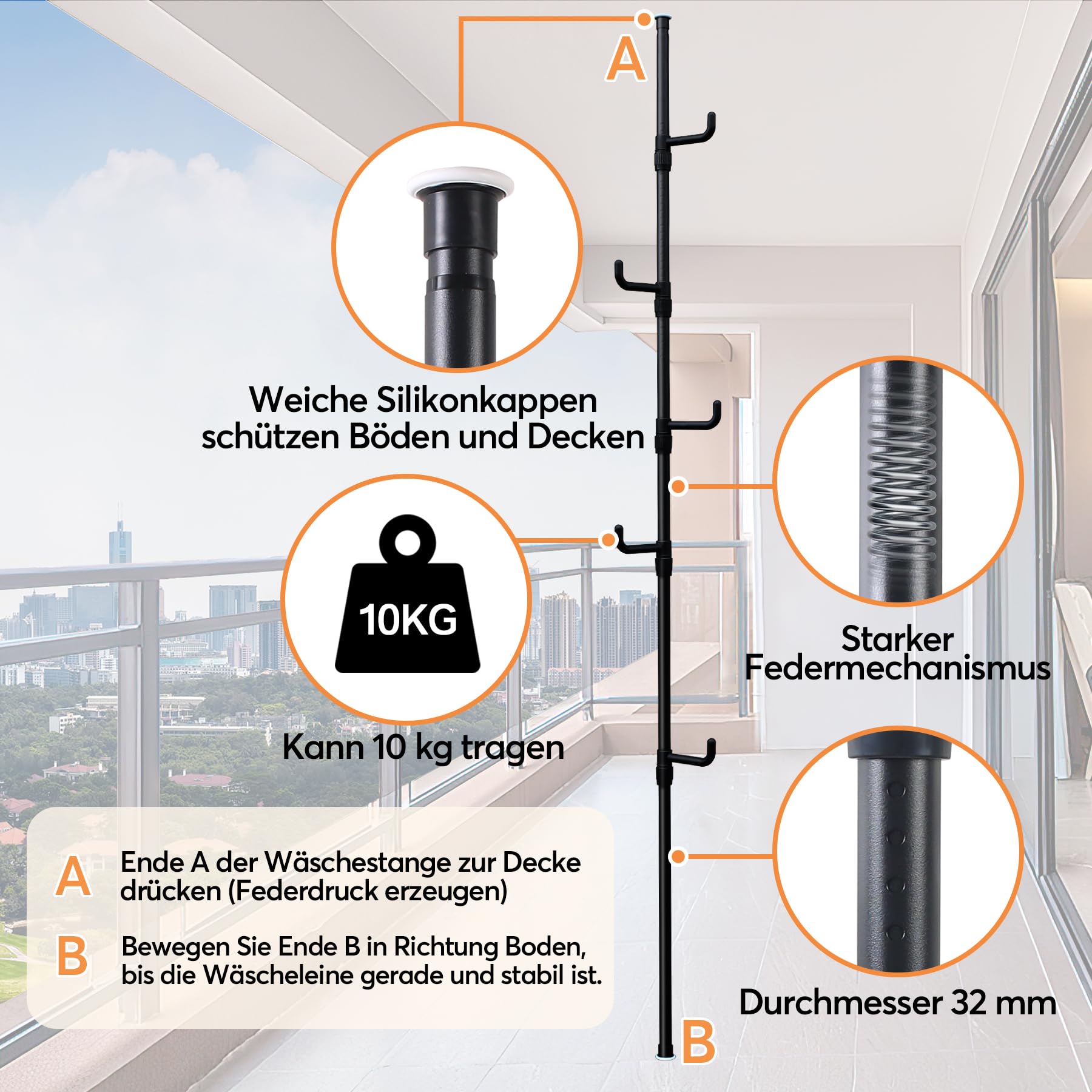 Teleskop kleiderständer mit 5 Haken, Schwarz Garderobenständer Ausziehbar 110-310cm, Kleiderstange Decke Ohne Bohren für Flur Schlafzimmer Wohnzimmer Büro Kleidung Hüte Taschen