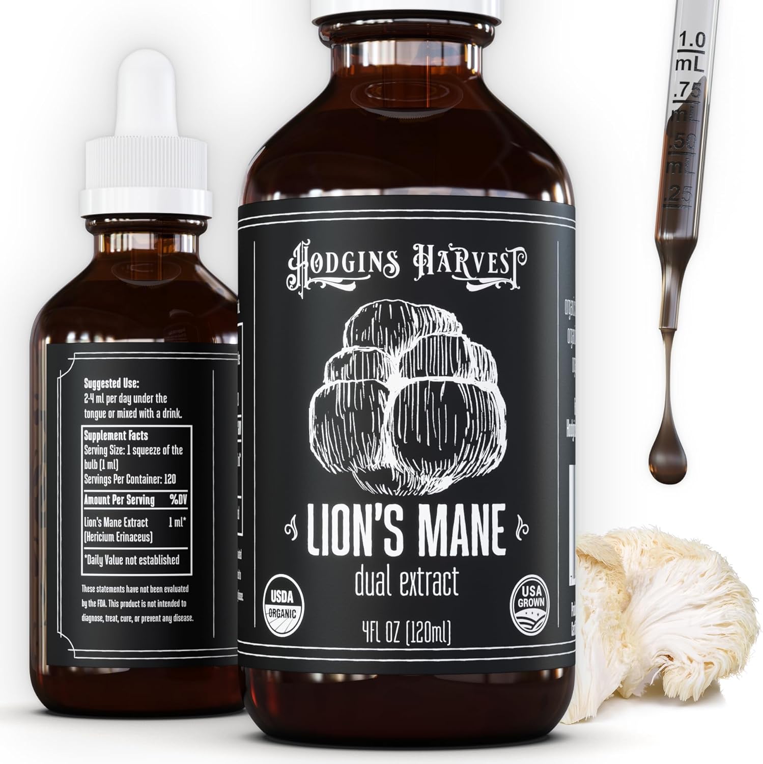 Hodgins Harvest Organic Lion's Mane Fruiting Body Extract Tincture - Mushroom Supplement for Brain Health and Mental Focus - Dual Extract Formula - Extra Concentrated - 4 fl oz Bottle