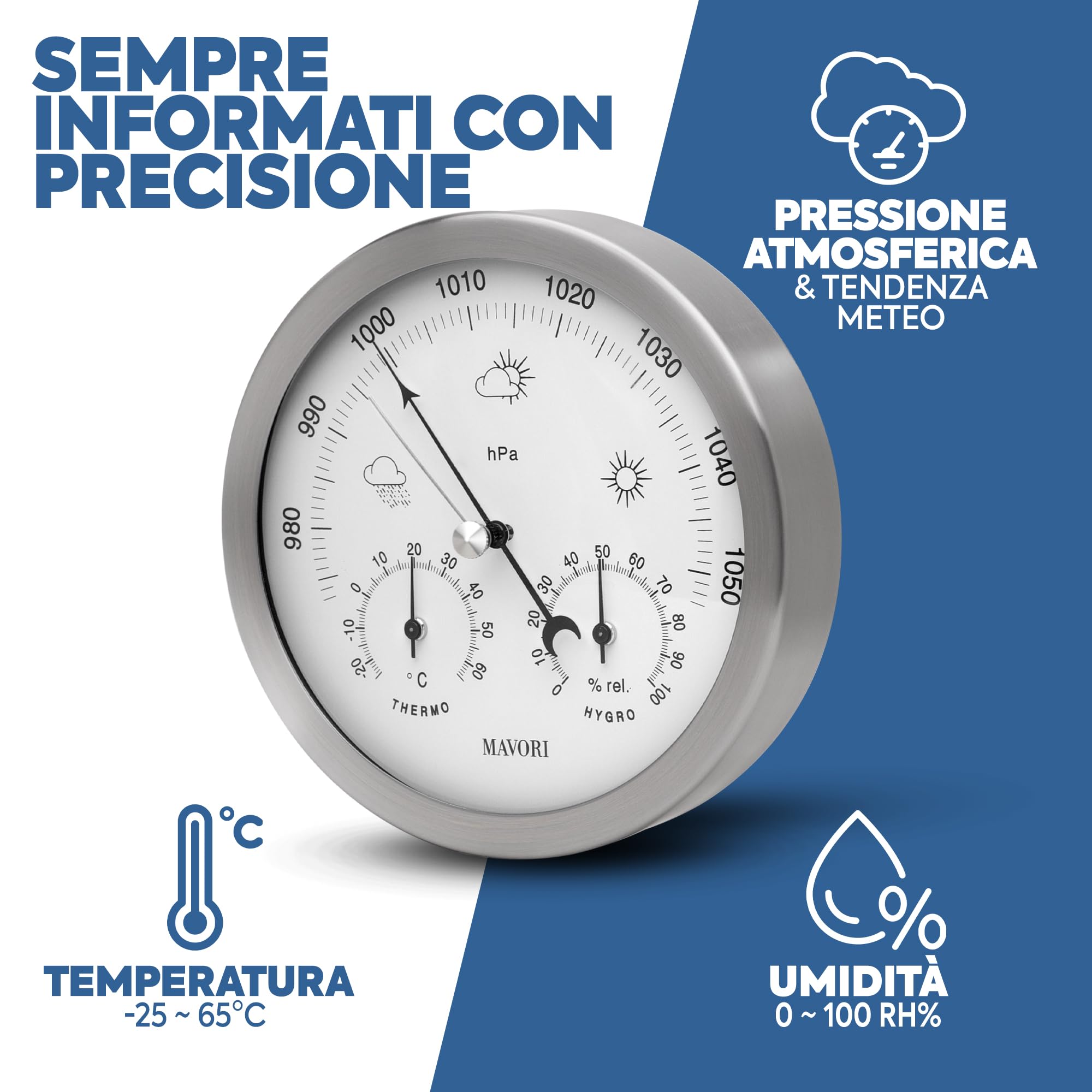 Stazione meteo analogica - Barometro, Igrometro e Termometro 3in1 per interni ed esterni - barometro analogico in acciaio inox Ø 13,5cm con vetro acrilico dal design moderno