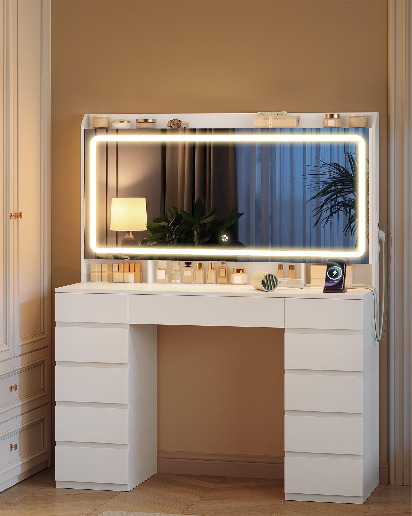Hzuaneri Coiffeuse avec Grand Miroir HD, Coiffeuse avec 3 Lumières LED à Couleurs Réglables, 11 Tiroirs, 3 Compartiments de Rangement et 1 étagère Supérieure, de Chambre, Blanc DT43003XEU