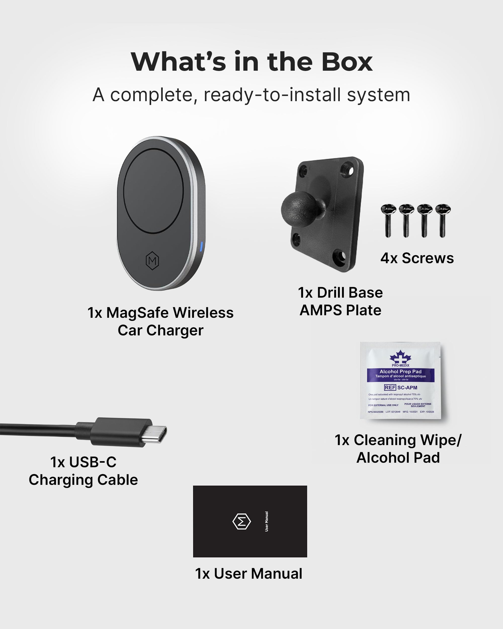 Magsafe - Soporte magnético inalámbrico para Cargador de Coche, Carga rápida, imanes N52 Fuertes, visión Ajustable, instalación Segura, Adhesivo VHB y Placa de Montaje AMPS con Base de