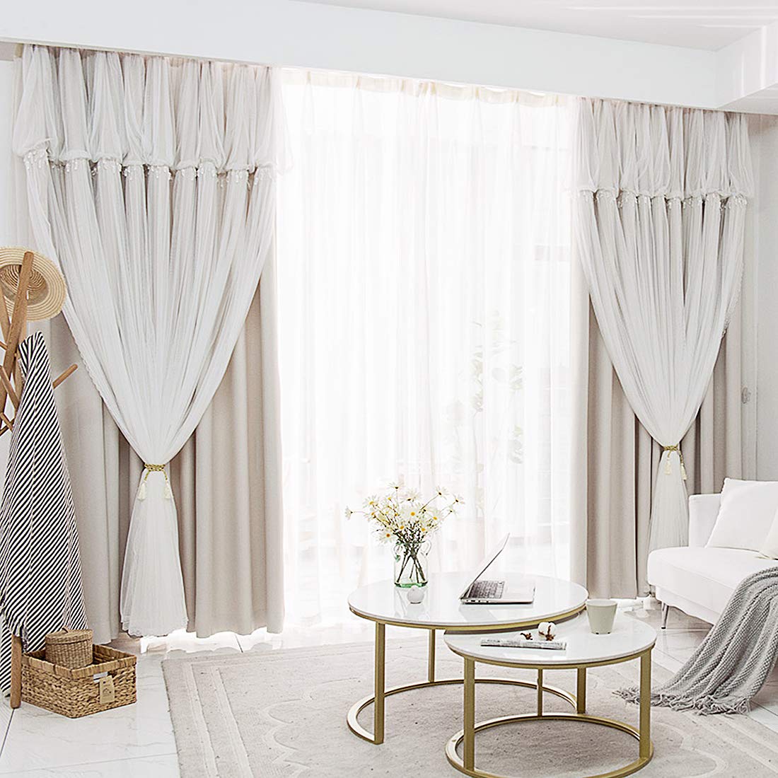 姫系カーテン遮光二重カーテンレース遮光率90％フリル掃き出し窓腰窓出窓用寝室客間 Amazon｜姫系カーテン 遮光 二重カーテン レース 遮光率90％ フリル