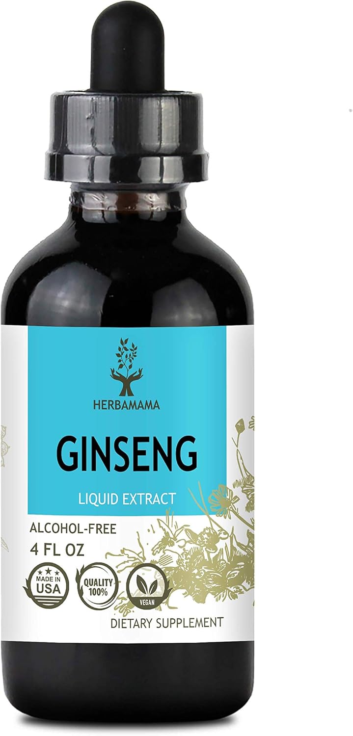 HERBAMAMA Asian Ginseng Herbal Extract Tincture - Organic Liquid Daily Supplement Supporting Energy, Cognitive Function, Mood, Immunity - Non-GMO, Vegan & Soy-Free Drops for Adults - 4 fl. Oz Bottle : Health & Household