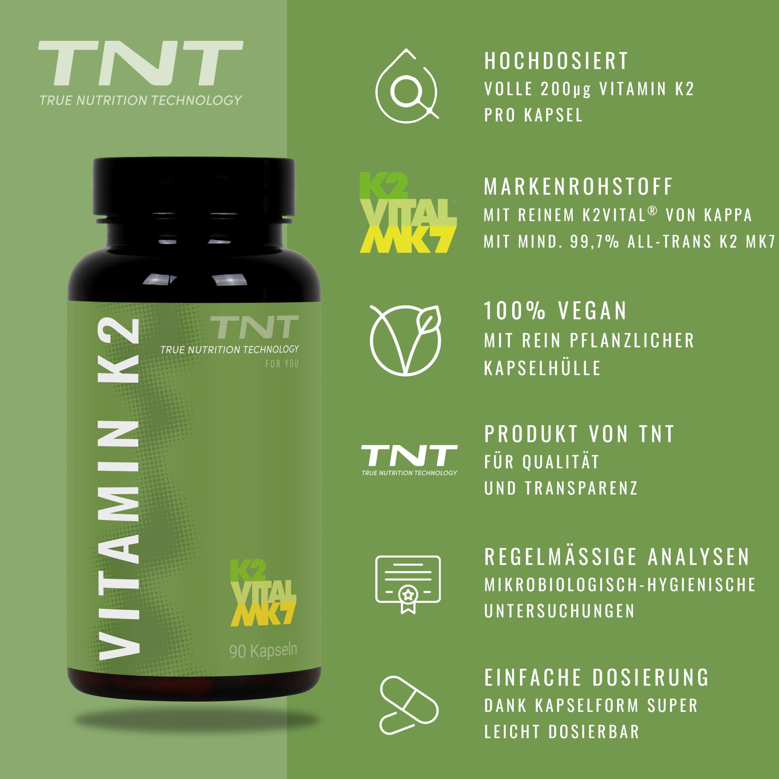 TNT Vitamin K2 (90 hochdosierte Kapseln) • Hochwertige MK–7 Form von Kappa • Laborgeprüfte Qualität • K2 Vitamin hochdosiert • 100% Vegan • Made in Germany