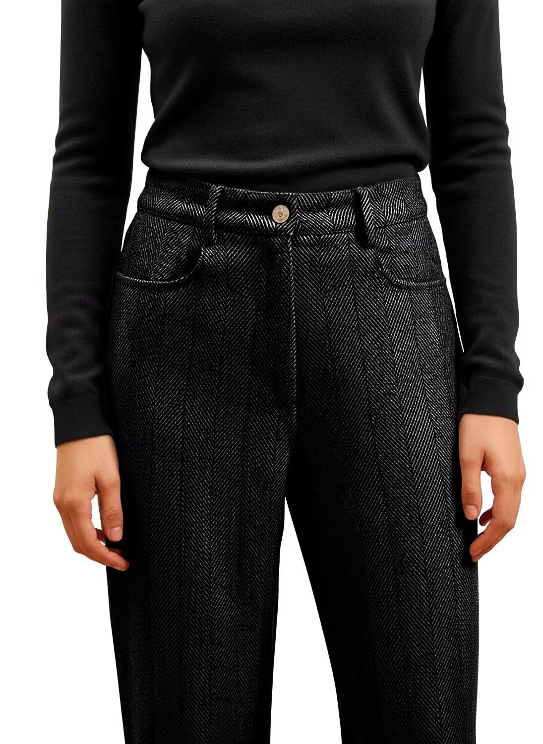 Womens Tweed Pants Winter Herringbone Straight Leg Dress Pants for Women High Waisted Casual Trousers with Pockets