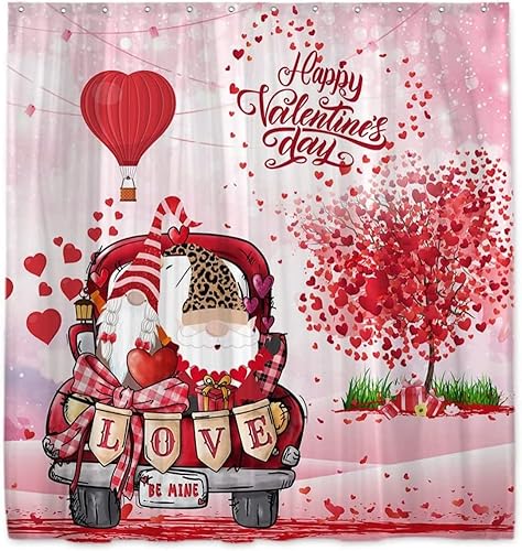 Miniatura 8 de Ochine Cortina de ducha rosa para el día de San Valentín cortina de ducha rústica para el día de San Valentín romántica pareja de gnomos rojos