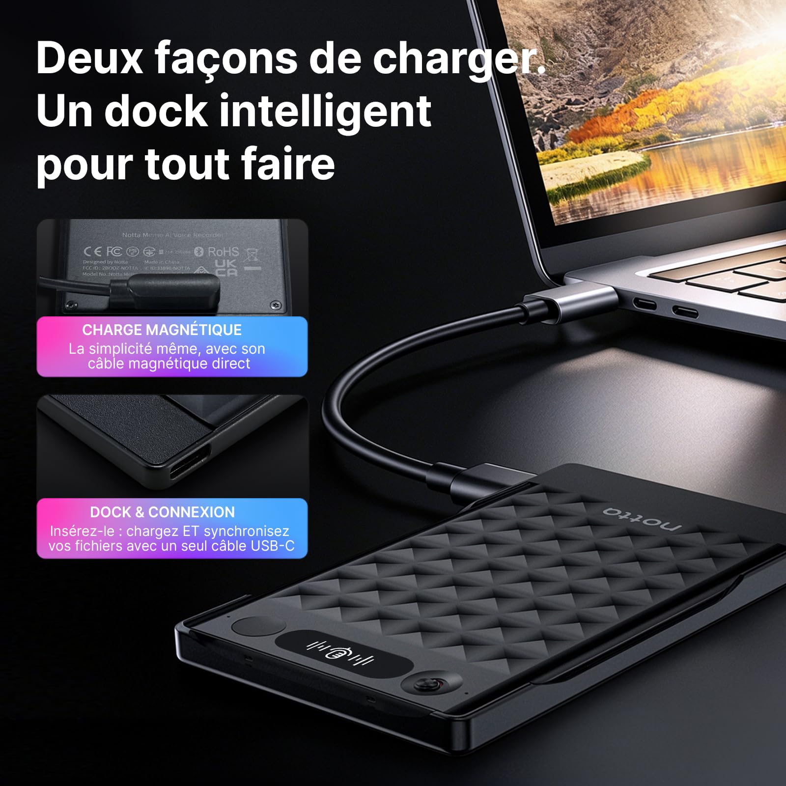 Enregistreur Vocal AI Notta Memo (Noir) avec Memo MagBridge, Transcription & Résumé AI 58 Langues, Mémoire 2000h, pour Appels/Réunions/Cours