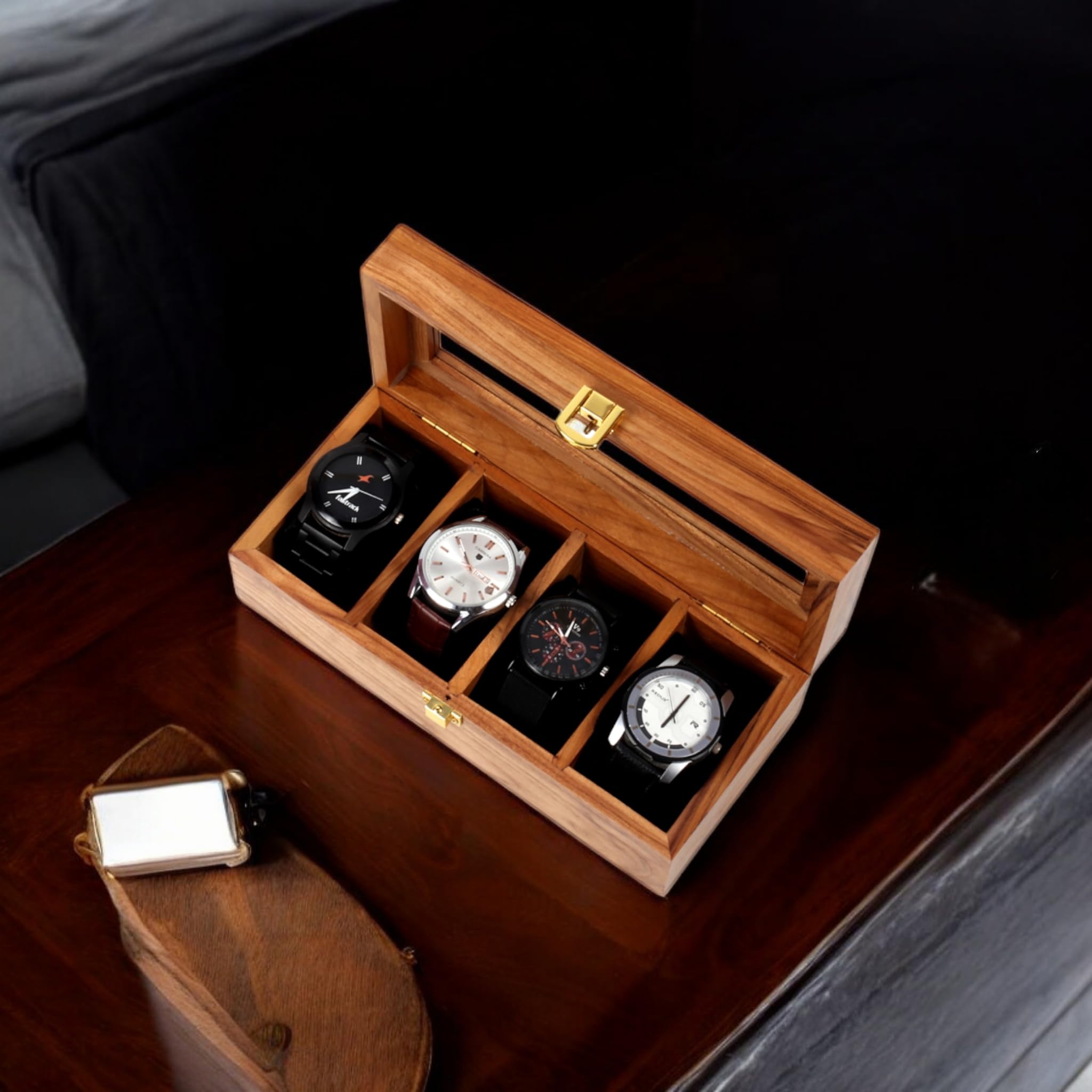 Caja de reloj de madera, organizador de almacenamiento, vitrina, soporte para joyas, regalo para hombres y mujeres, hecho a mano en madera de teca, de 4 a 12 ranuras, viene con