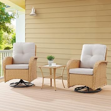 Belord 3PC Patio Furniture Set - Swivel Rocker Chair Bistro Set with Rattan Side Table, Natural Wicker/Beige Cushion