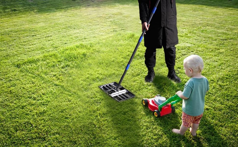 Miniatura 6 de Rastrillo nivelador de césped, nivelador de césped de acero inoxidable con placa de tierra de 18 x 10 pulgadas, mango largo ajustable de 72