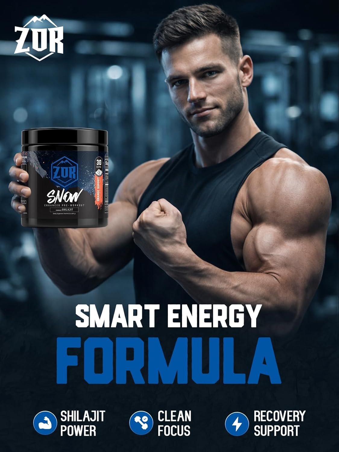 ZOR Snow Pre Workout Powder with Shilajit – Energy & Focus Formula with Beta-Alanine, Citrulline Malate, Alpha GPC & 269mg Caffeine, Sugarfree Preworkout for Men & Women – 30 Servings (Orange Summit)