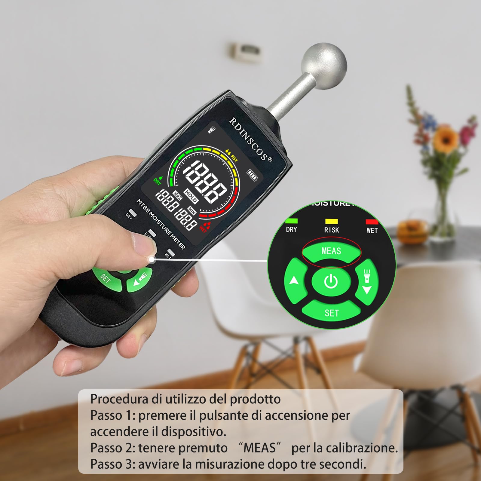 Misuratore Umidità Muri, RDINSCOS Rilevatori Di Umidità Igrometro Professionale Senza Ago con Funzione di Allarme Analisi Della Profondità di 5-40 mm,per Parete, Legno,Intonaco,Muratura (MT68)