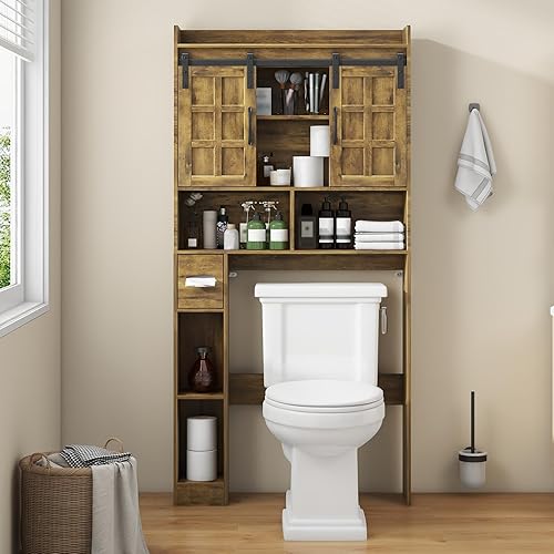 Miniatura 6 de Gabinete de almacenamiento sobre el inodoro, armario de almacenamiento de granja sobre inodoro con puertas corredizas, estante de inodoro que ahorra