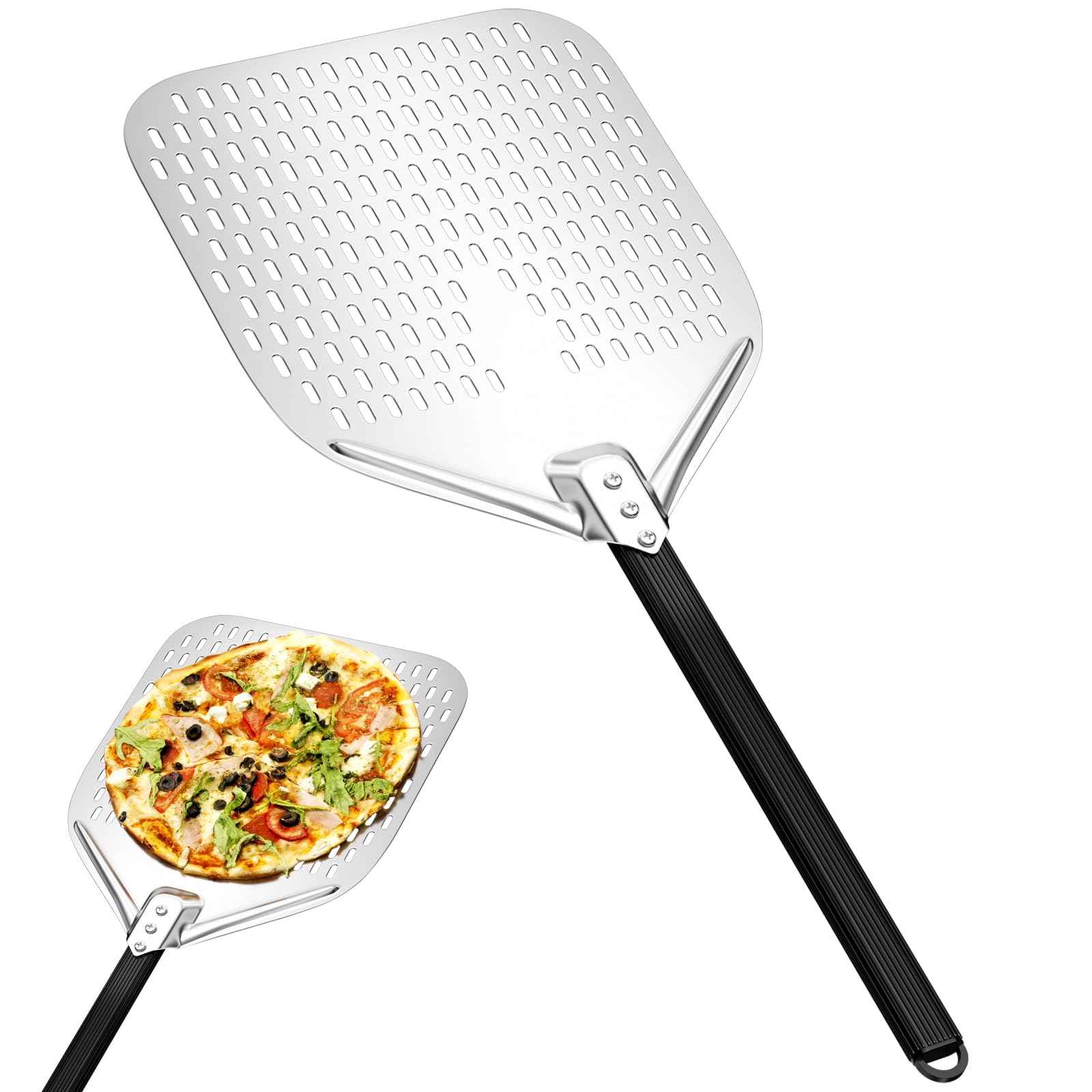 Maxentico Pala per Pizza, Paletta per Pizza, Pala Pizze Forata in Alluminio Anodizzato Duro, con Manico Lungo Rimovibile 40cm per Sollevare Pizze e Prodotti da Forno per Il Forno - Rettangolare