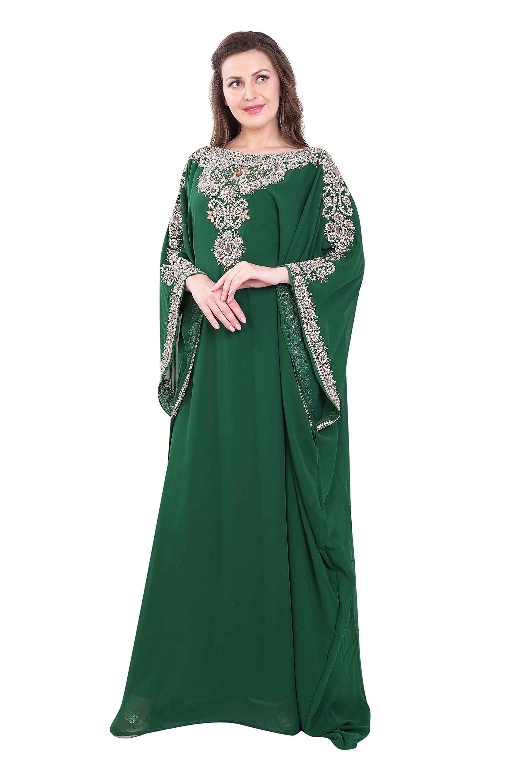 ANIIQDubai Abaya Moroccan Kaftan for Women Long Dress Embroidered Farasha with Free Scarf for Evening Party, Wedding