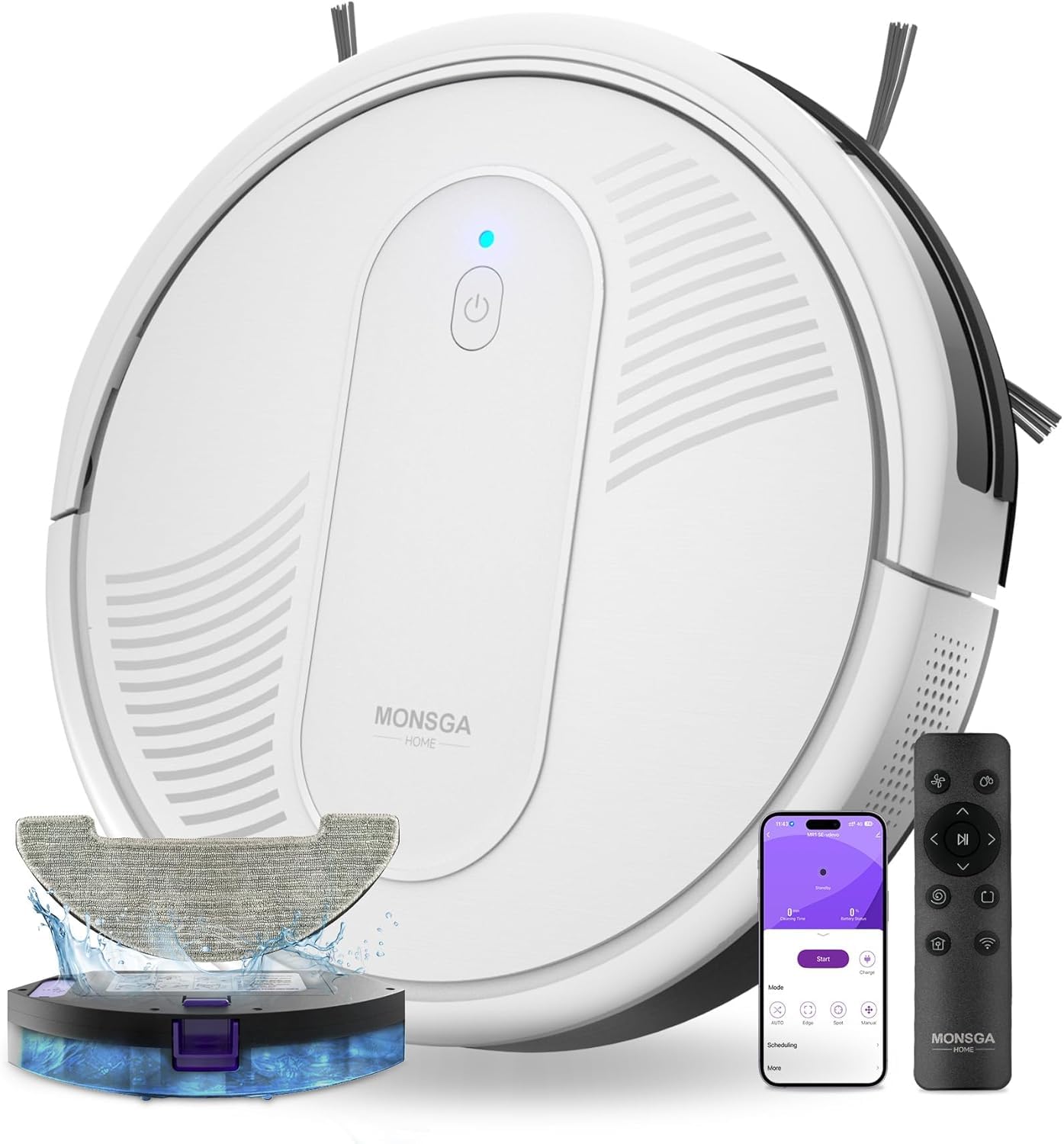 MONSGA Robot Aspirador y Fregasuelos, Robot Aspirador 4000Pa Presión de Succión, Autonomía 140 Minutos, Sensores Anticaídas y Cepillo Multifunción, TotalSurface, App Control(Blanco)
