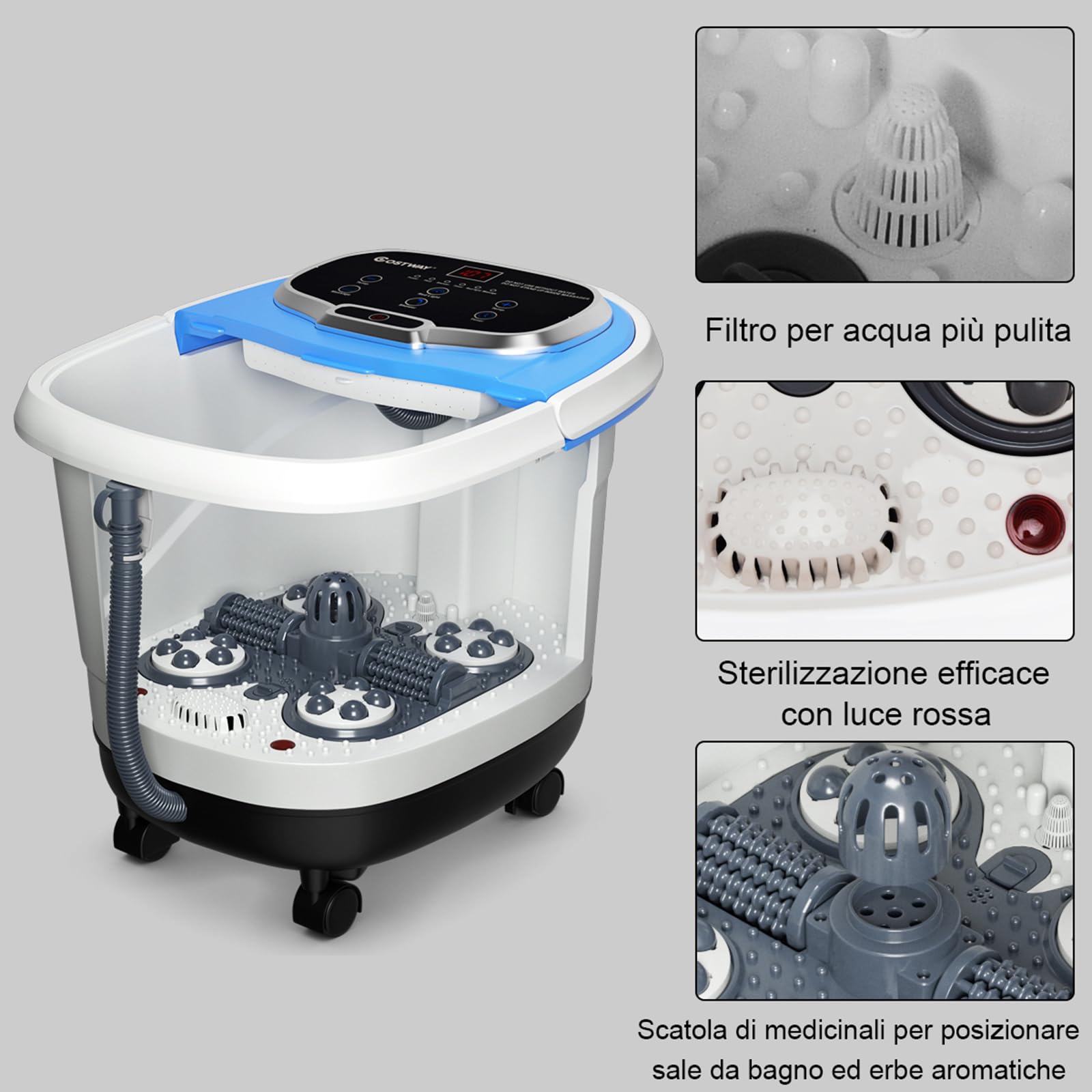 COSTWAY Idromassaggio per Piedi, Pediluvio Massaggiatore Plantare Massaggio Shiatsu, con Funzione Calore Timer e Rulli Luce a Infrarossi, Idromassaggiatore 15L (Blu)