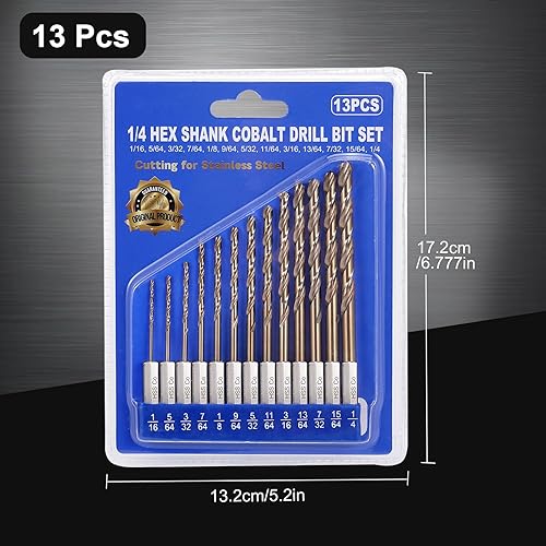 Miniatura 9 de Juego de brocas de cobalto con vástago hexagonal de 14 para metal y acero endurecido, 13 brocas helicoidales M35 HSS de 116 a 14 pulgadas para