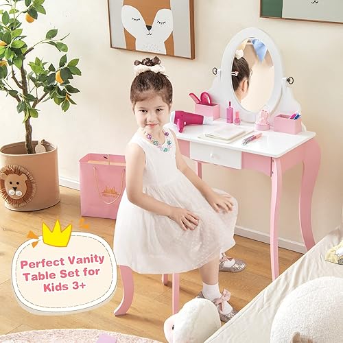 Miniatura 9 de KOTEK Vanidad 2 en 1 para niños, juego de tocador para niñas con espejo giratorio de doble cara y taburete, tocador rosa con cajón y accesorios para